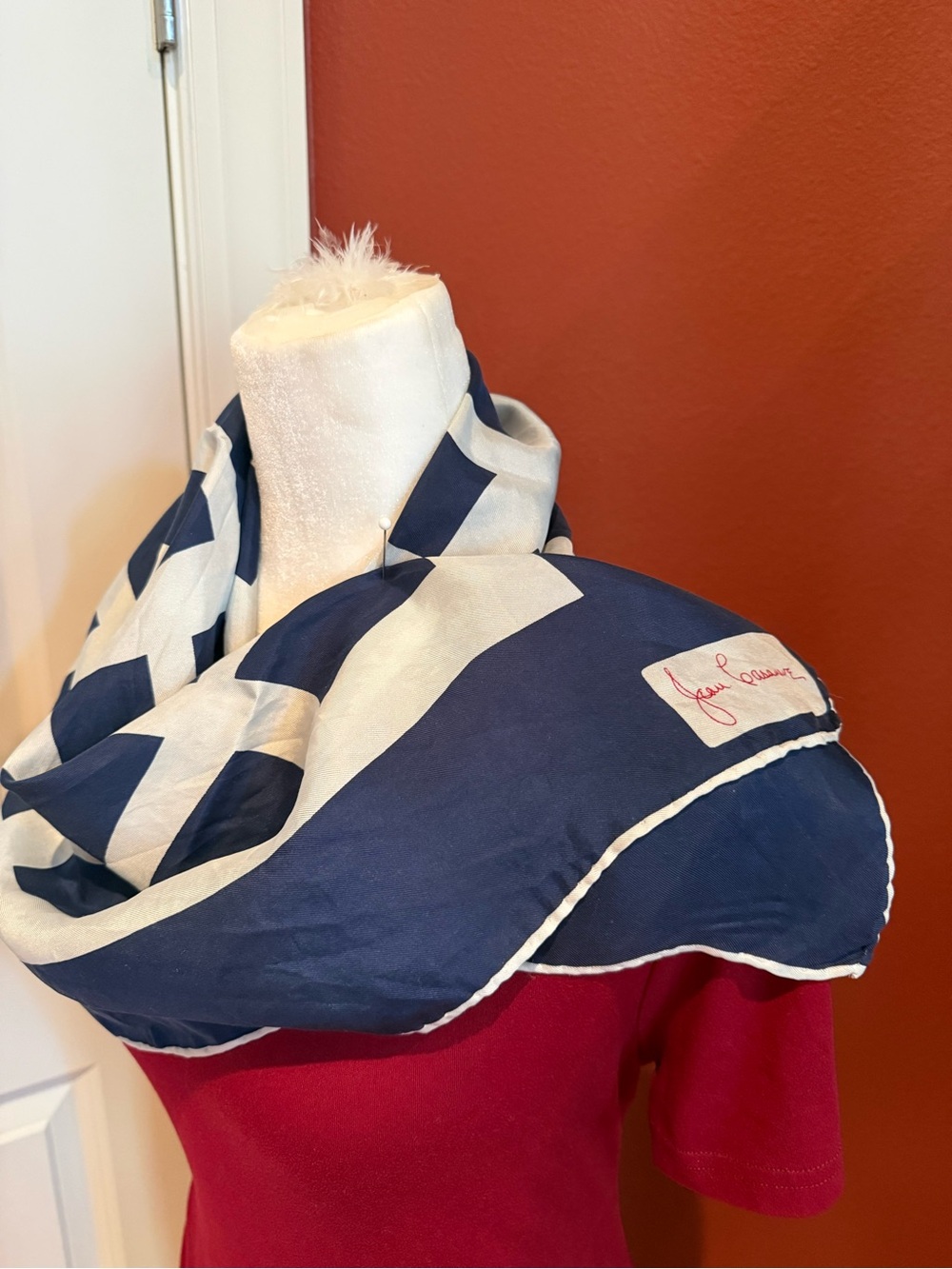 Jean Casanave Navy and White Silk Scarf
